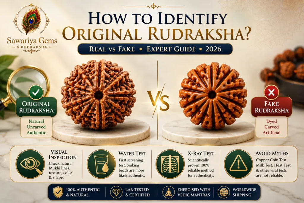 Compare original vs fake Rudraksha with visual signs, X-ray verification, authentic bead features and expert identification guide.