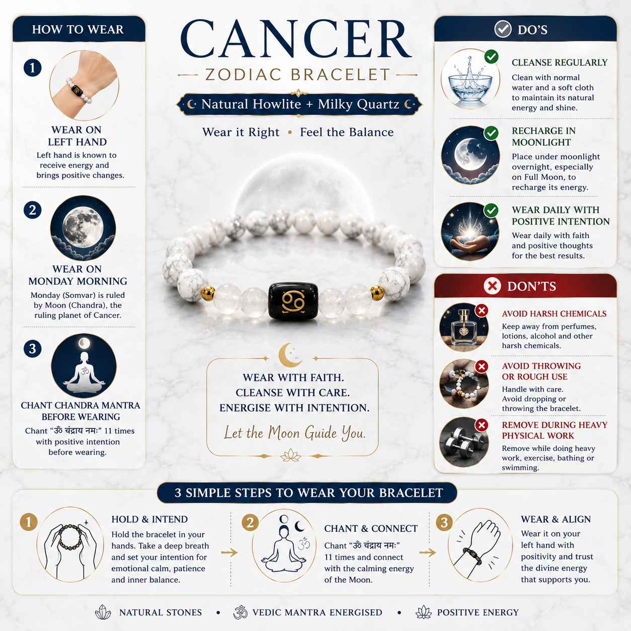 how-to-wear-cancer-zodiac-bracelet-guide How to wear Cancer Zodiac Bracelet with do's, don'ts, cleansing, moon charging and left hand wearing guide.