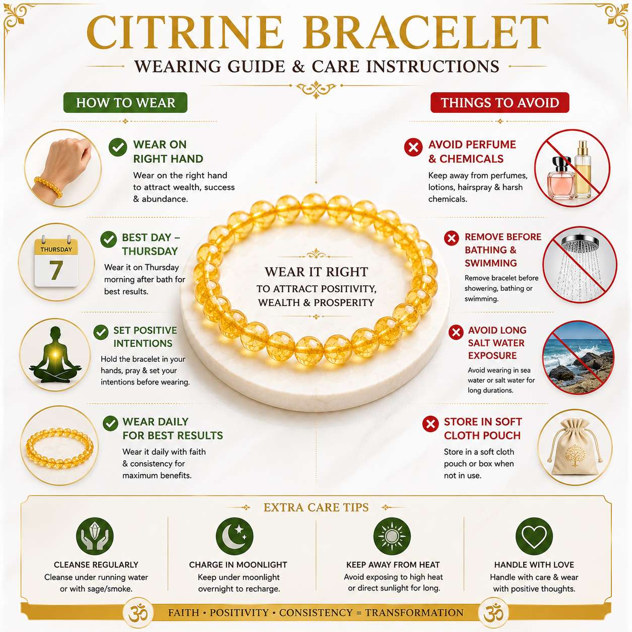 How to wear Citrine Bracelet with care instructions, right hand guide, Thursday ritual and bracelet maintenance tips.