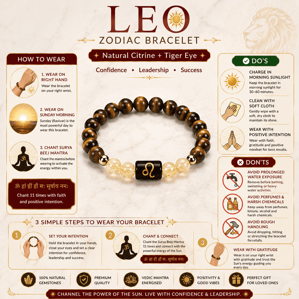 how-to-wear-leo-zodiac-bracelet-guide How to wear Leo Zodiac Bracelet with do's, don'ts, Surya mantra, Sunday wearing and right hand guide.