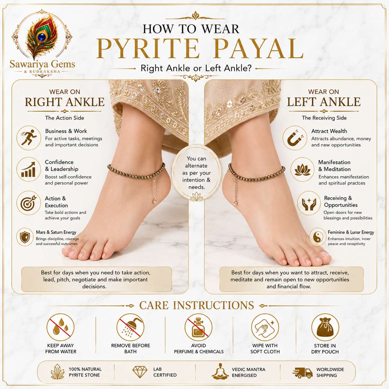 How to wear Pyrite Payal on right or left ankle with complete care instructions and water safety guide.