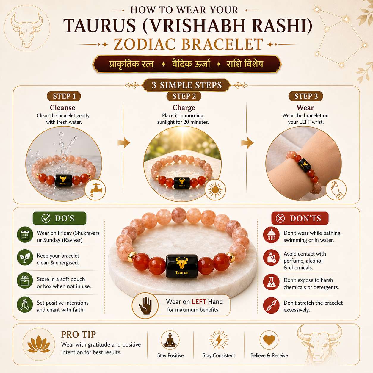 How to wear Taurus (Vrishabh Rashi) Zodiac Bracelet with step-by-step guide, wearing day, left hand instructions, do's and don'ts for daily use.