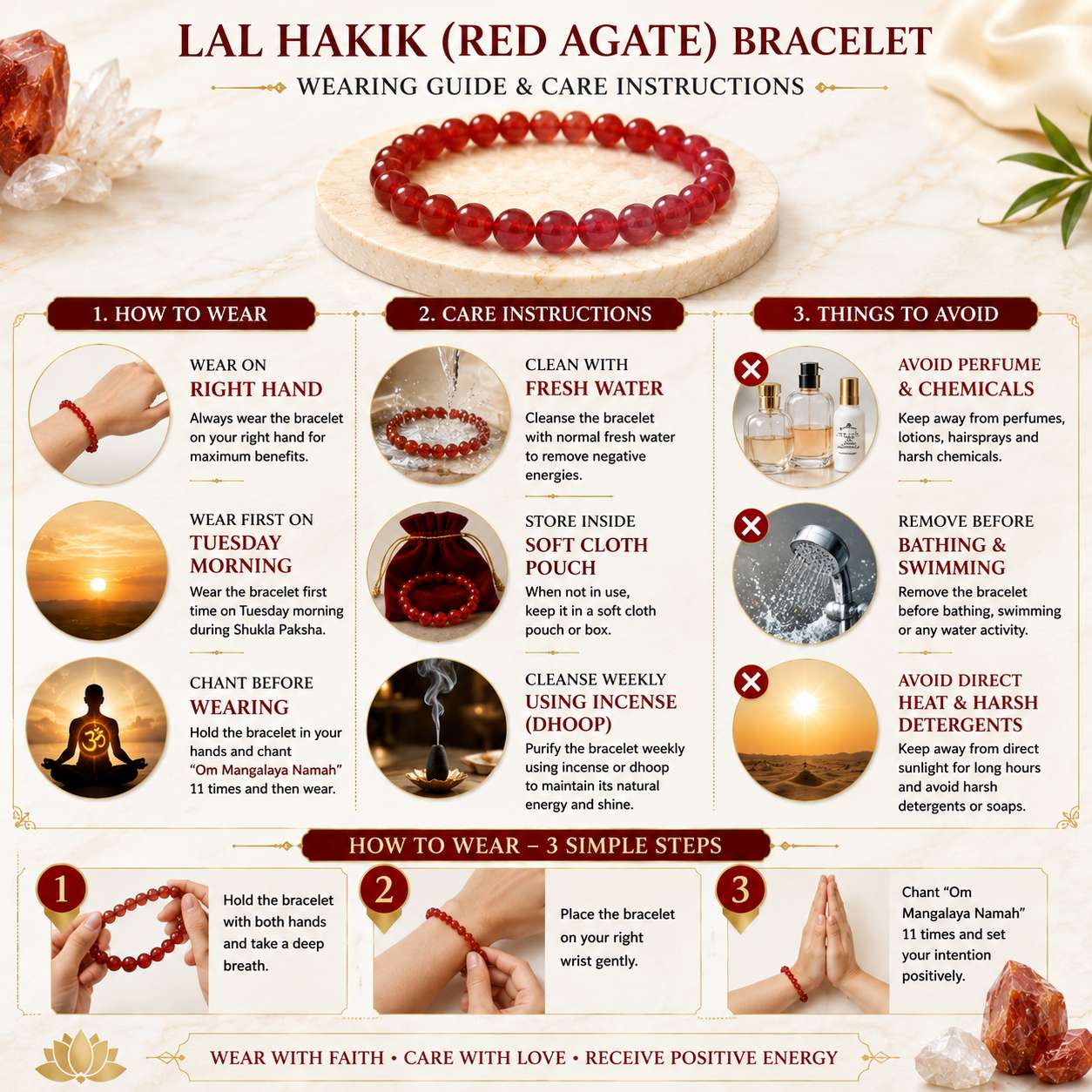 Benefits of Lal Hakik (Red Agate) bracelet for courage, protection, emotional balance, Mars energy and Root Chakra activation.