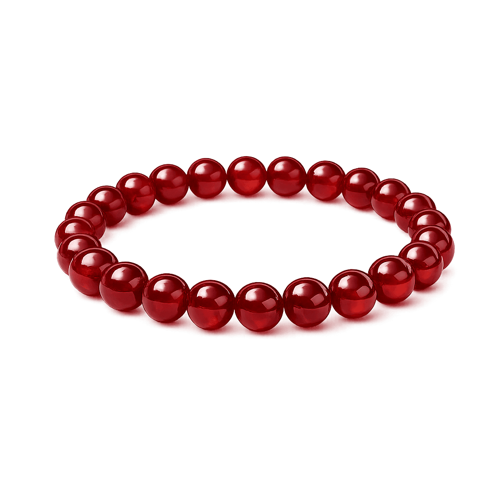 Natural Lal Hakik (Red Agate) bracelet with premium polished 8mm gemstone beads, Vedic energised Mars stone for courage and protection.