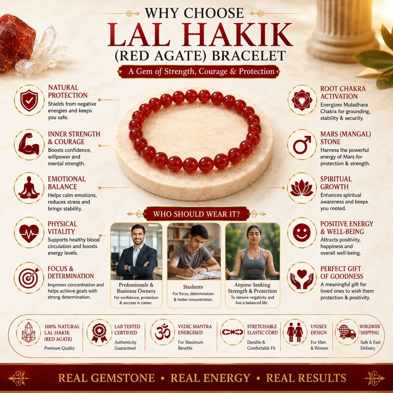 Product specifications of Natural Lal Hakik (Red Agate) bracelet with 8mm beads, Mars stone, Root Chakra support and stretchable design.