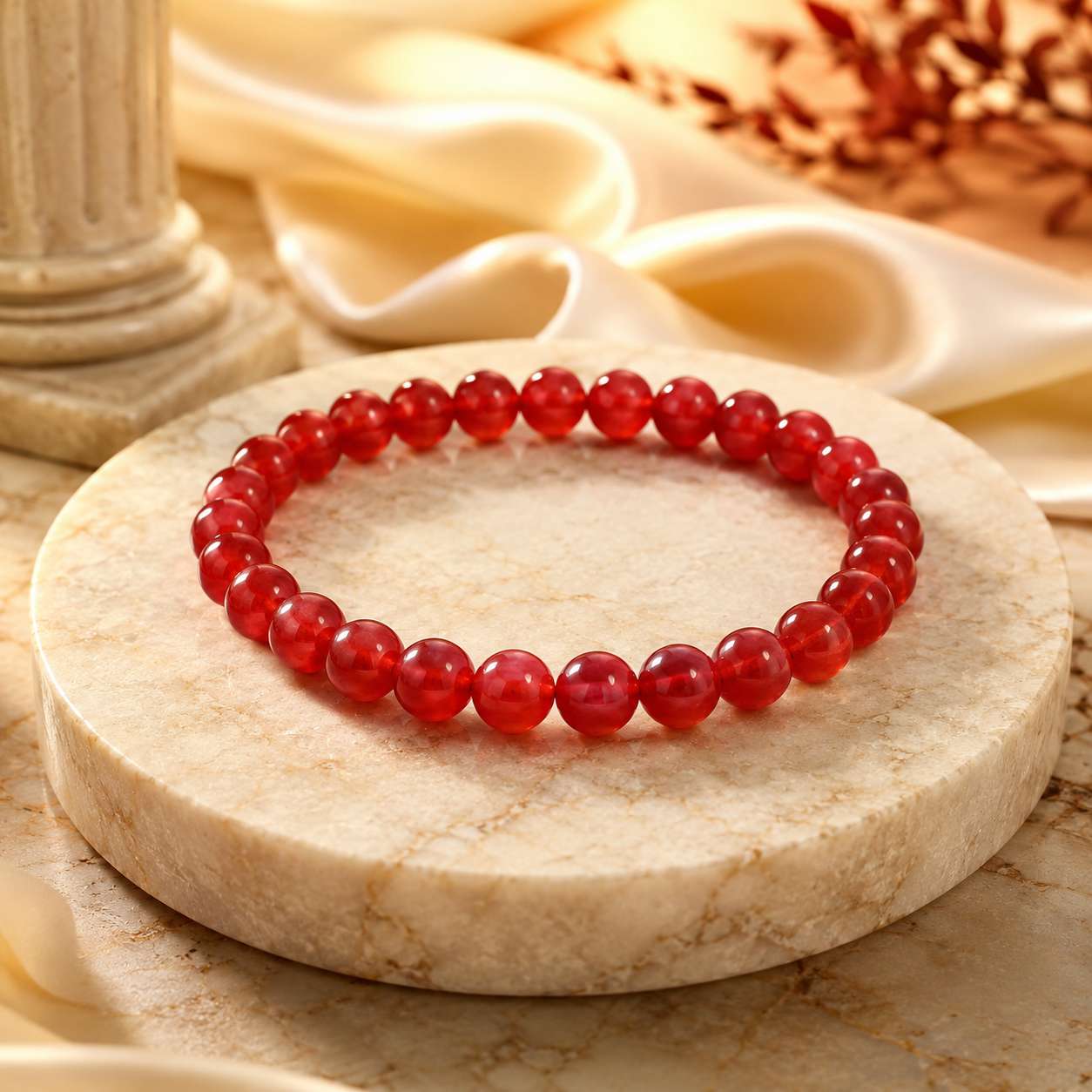 Natural Lal Hakik (Red Agate) bracelet with polished semi-transparent 8mm gemstone beads isolated on a pure white background.