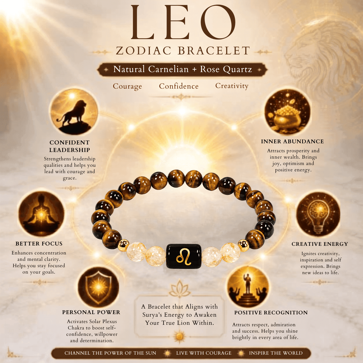 leo-zodiac-bracelet-benefits-infographic Benefits infographic of Leo Zodiac Bracelet for confidence, courage, creativity, focus, leadership and positive energy.