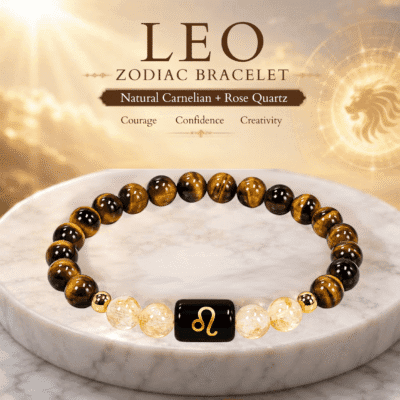 Leo Zodiac Bracelet with Natural Carnelian and Rose Quartz 8mm beads, luxury hero image inspired by Surya energy.