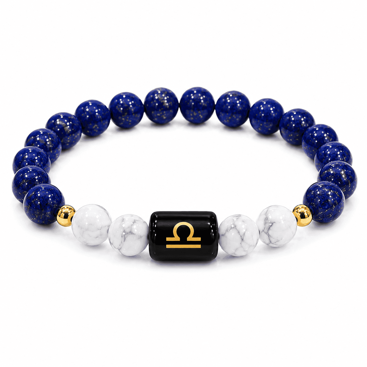 libra-zodiac-bracelet-lapis-lazuli-howlite-white-background Natural Libra Zodiac Bracelet featuring Lapis Lazuli, Howlite and gold Libra symbol bead, 8mm natural gemstone bracelet on a clean white background.