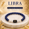 libra-zodiac-bracelet-premium-display-lapis-lazuli Premium display of Libra Zodiac Bracelet with Natural Lapis Lazuli, Howlite and Libra symbol bead on a luxury marble pedestal with elegant golden background.