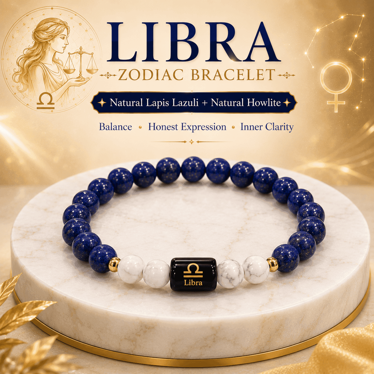 libra-zodiac-bracelet-premium-display-lapis-lazuli Premium display of Libra Zodiac Bracelet with Natural Lapis Lazuli, Howlite and Libra symbol bead on a luxury marble pedestal with elegant golden background.