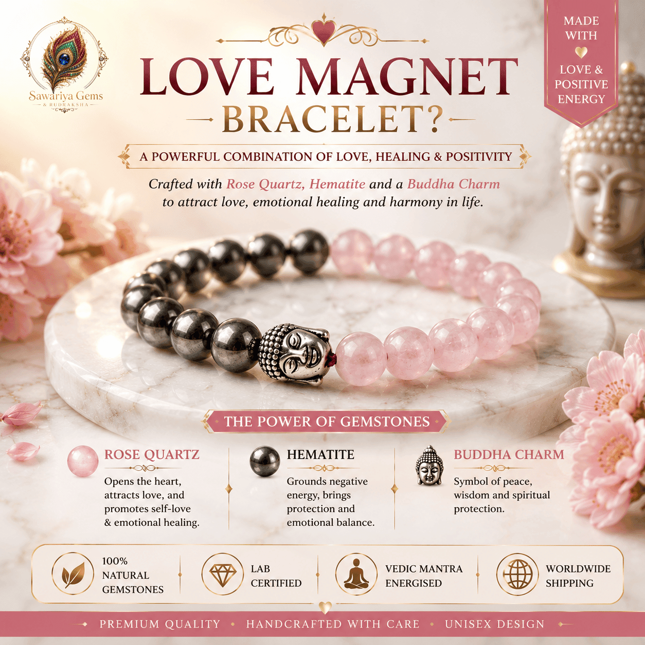 Natural Rose Quartz, Hematite and Buddha Charm bracelet promoting unconditional love, emotional balance,