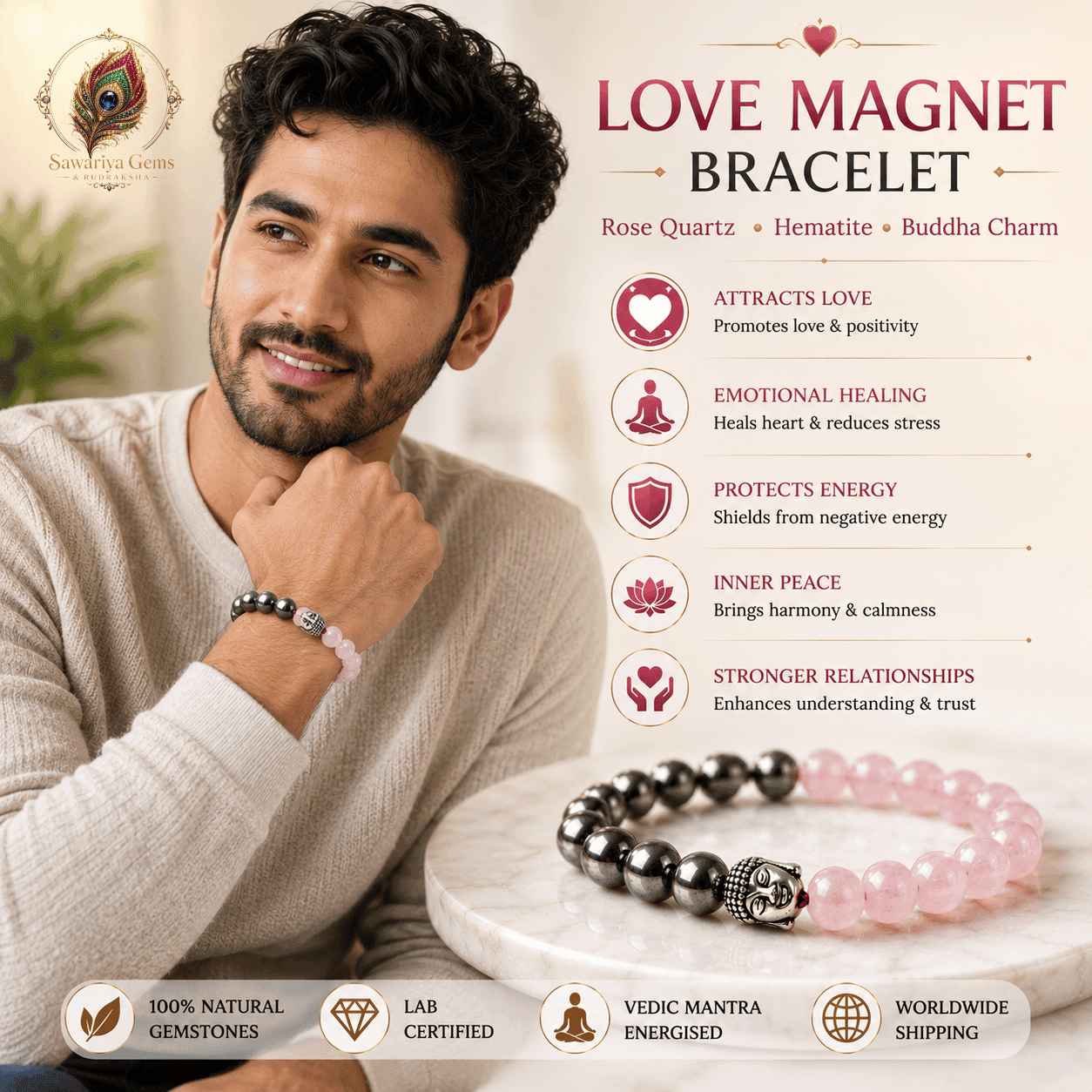 Handsome man wearing Love Magnet Bracelet with Rose Quartz and Hematite for self-love, confidence, emotional healing and positive energy.