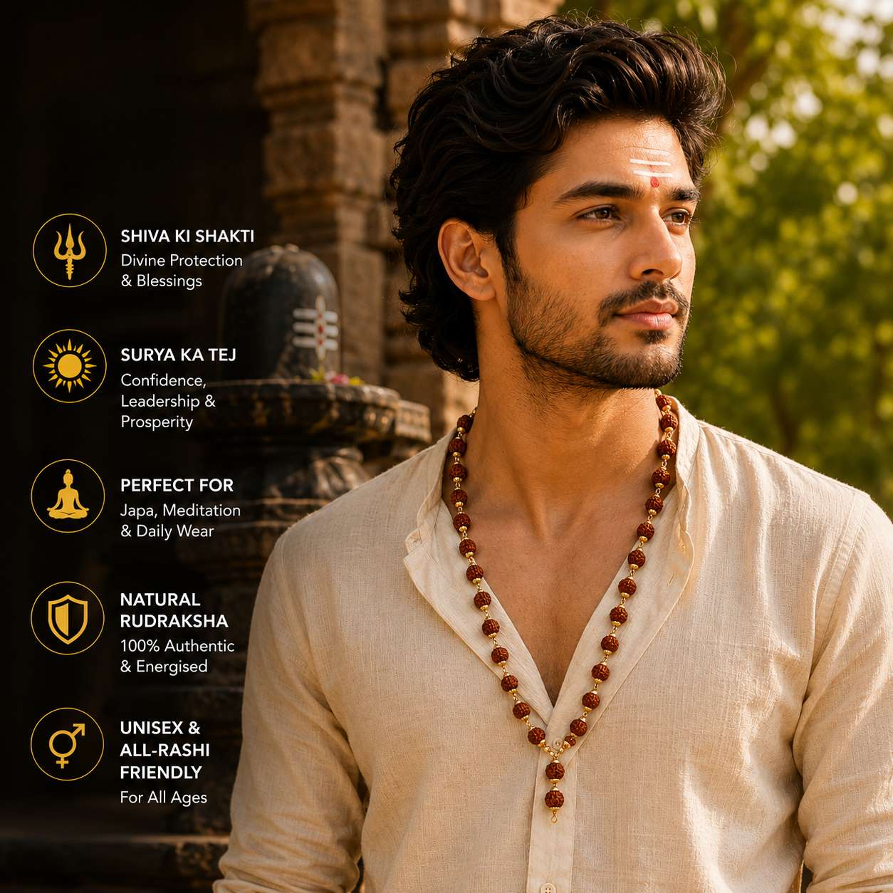 man-wearing-rudraksha-mala-with-golden-cap Young man wearing natural Rudraksha Mala with golden caps, ideal for meditation, spiritual practice, daily wear and Lord Shiva devotees.