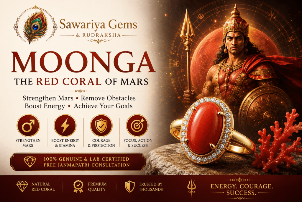 Moonga Red Coral gemstone guide featuring Mars, natural coral ring, benefits, Mangal Dosha remedy and certified gemstone.
