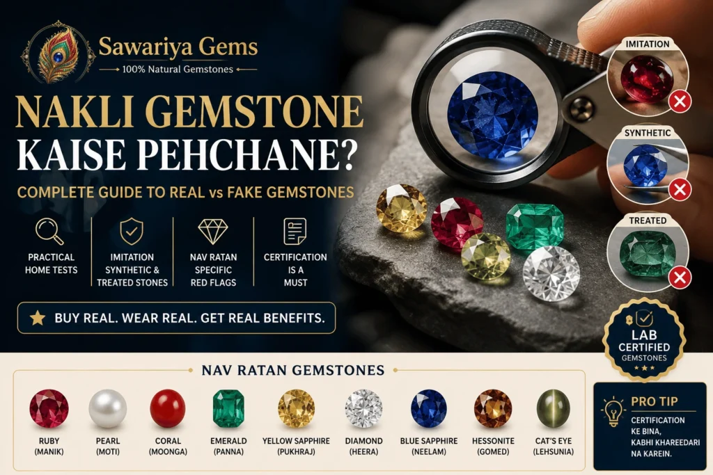 Nakli gemstone kaise pehchane guide showing real vs fake gemstones, imitation, synthetic, treated stones, Navratan gems and lab certification tips.