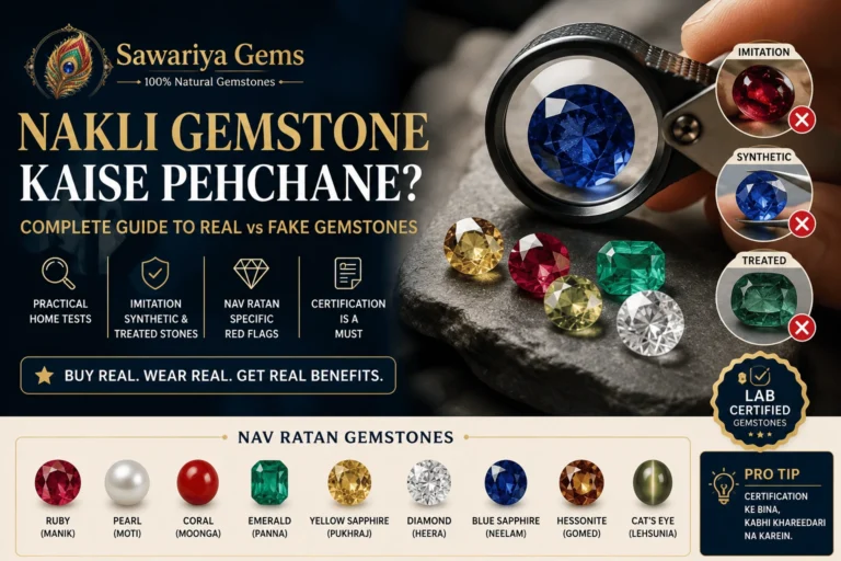 Nakli gemstone kaise pehchane guide showing real vs fake gemstones, imitation, synthetic, treated stones, Navratan gems and lab certification tips.