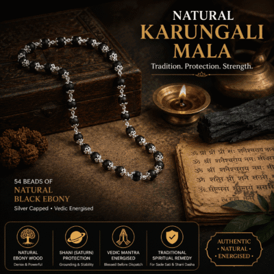 Premium Natural Karungali Mala made from authentic Black Ebony wood with silver caps, Vedic mantra energised for Shani protection and meditation.