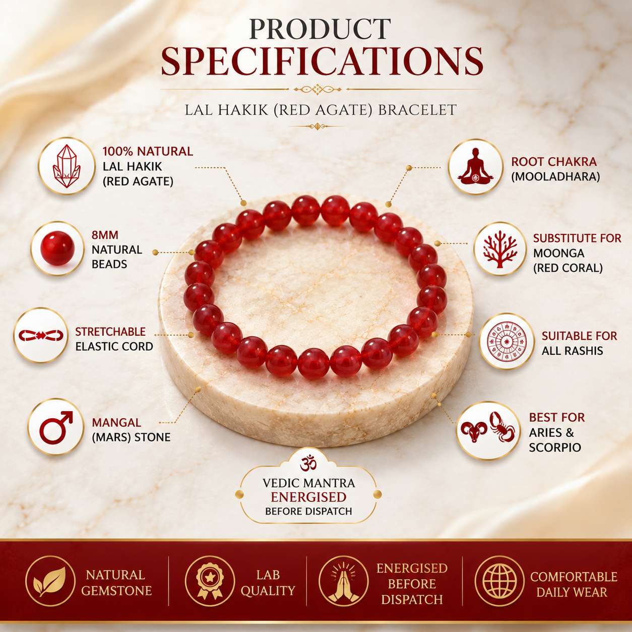 Premium Natural Lal Hakik (Red Agate) gemstone bracelet with polished semi-transparent red beads displayed on a luxury marble pedestal.