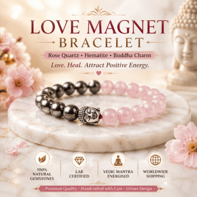 Premium Love Magnet Bracelet with Rose Quartz, Hematite and Buddha Charm crafted to attract love, positivity, harmony and emotional healing.