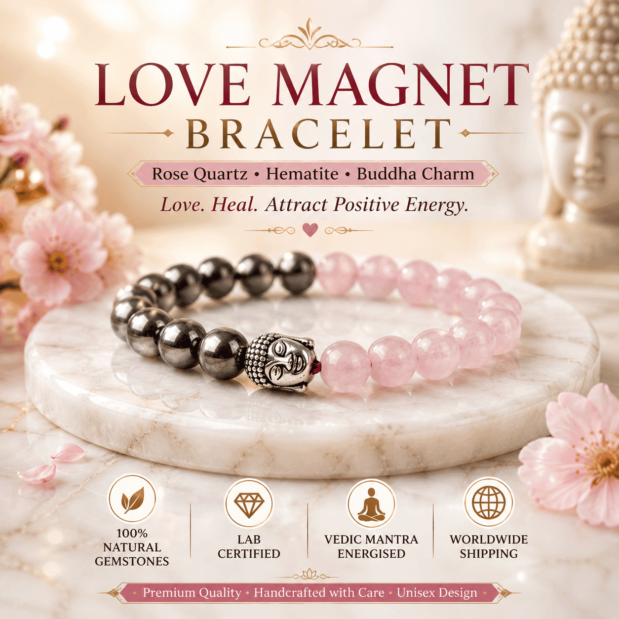 Premium Love Magnet Bracelet with Rose Quartz, Hematite and Buddha Charm crafted to attract love, positivity, harmony and emotional healing.