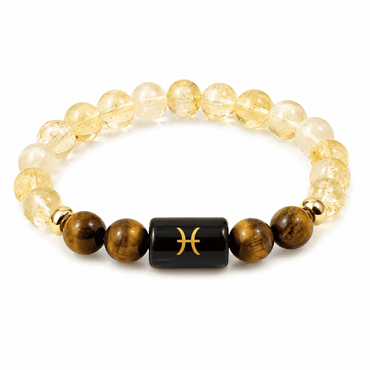 pisces-meen-rashi-zodiac-bracelet-white-background-product Pisces (Meen Rashi) Zodiac Bracelet with Natural Citrine and Tiger Eye 8mm beads isolated on a white background for product listing.
