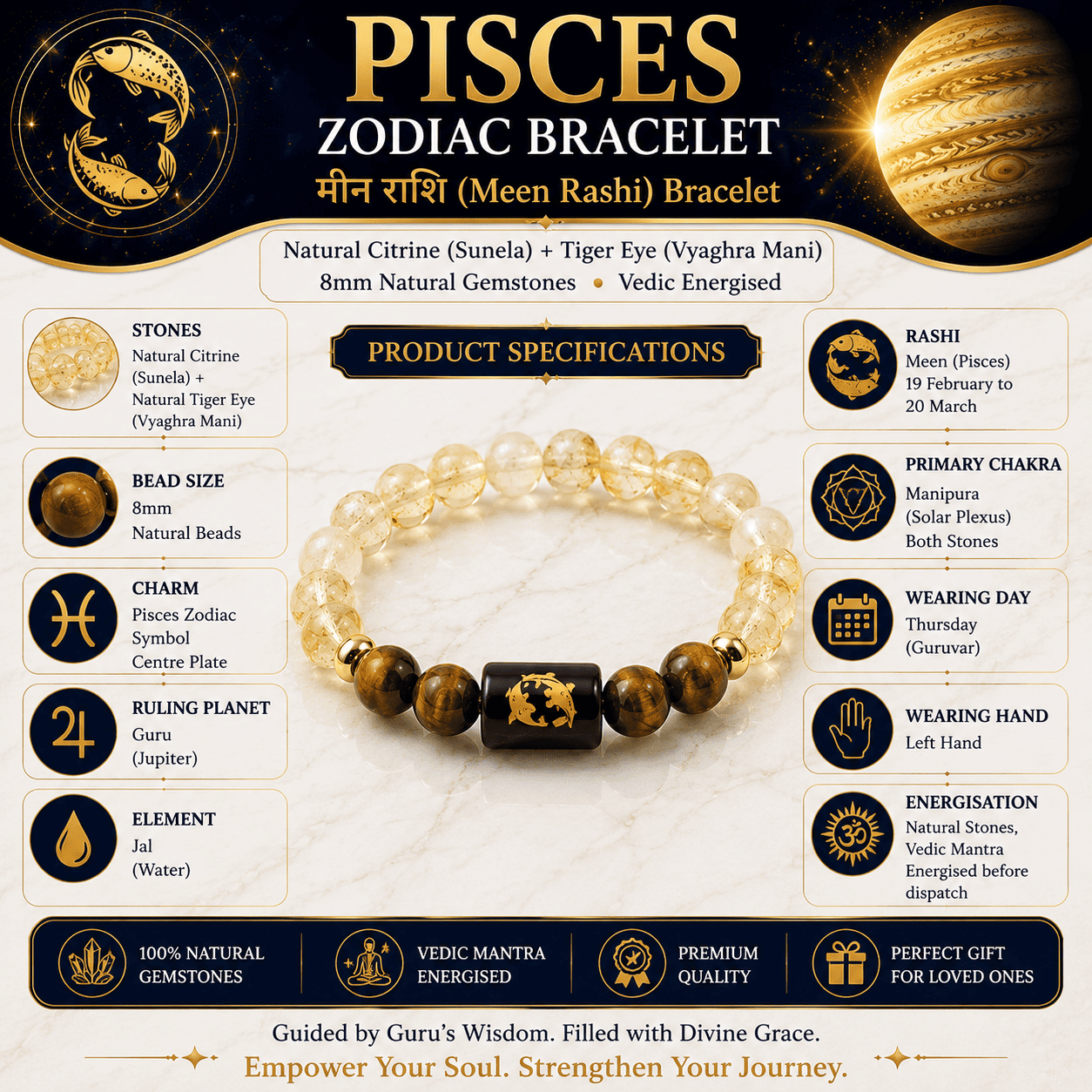 pisces-zodiac-bracelet-specifications-citrine-tiger-eye Pisces (Meen Rashi) Zodiac Bracelet specifications featuring Natural Citrine, Tiger Eye, 8mm beads, Jupiter and Solar Plexus Chakra.