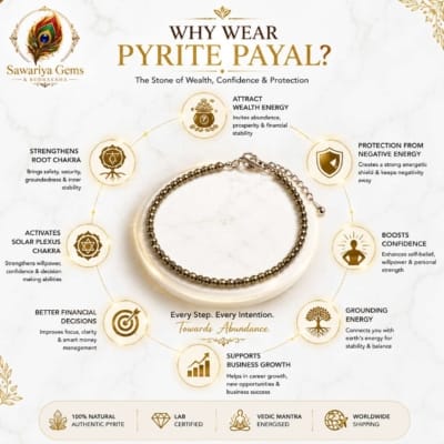 Benefits of Natural Pyrite Payal including wealth attraction, confidence, grounding, protection and business growth support.