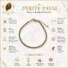 Pyrite Payal specifications showing natural pyrite, lab certified, adjustable fit, Vedic energised and premium elastic cord.