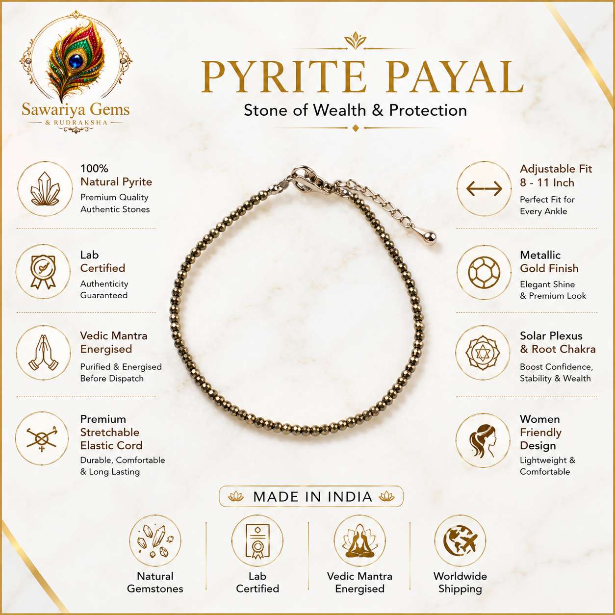 Pyrite Payal specifications showing natural pyrite, lab certified, adjustable fit, Vedic energised and premium elastic cord.