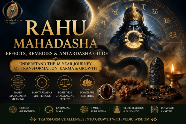 Featured image of Rahu Mahadasha showing effects, remedies, antardasha guide, Vedic astrology symbols and Rahu deity illustration.