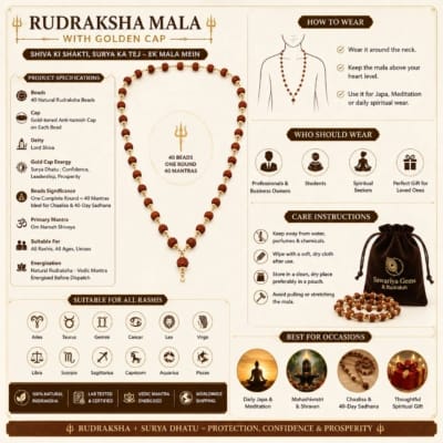 Rudraksha Mala specifications, care guide, wearing method, product features and Vedic energised details by Sawariya Gems.