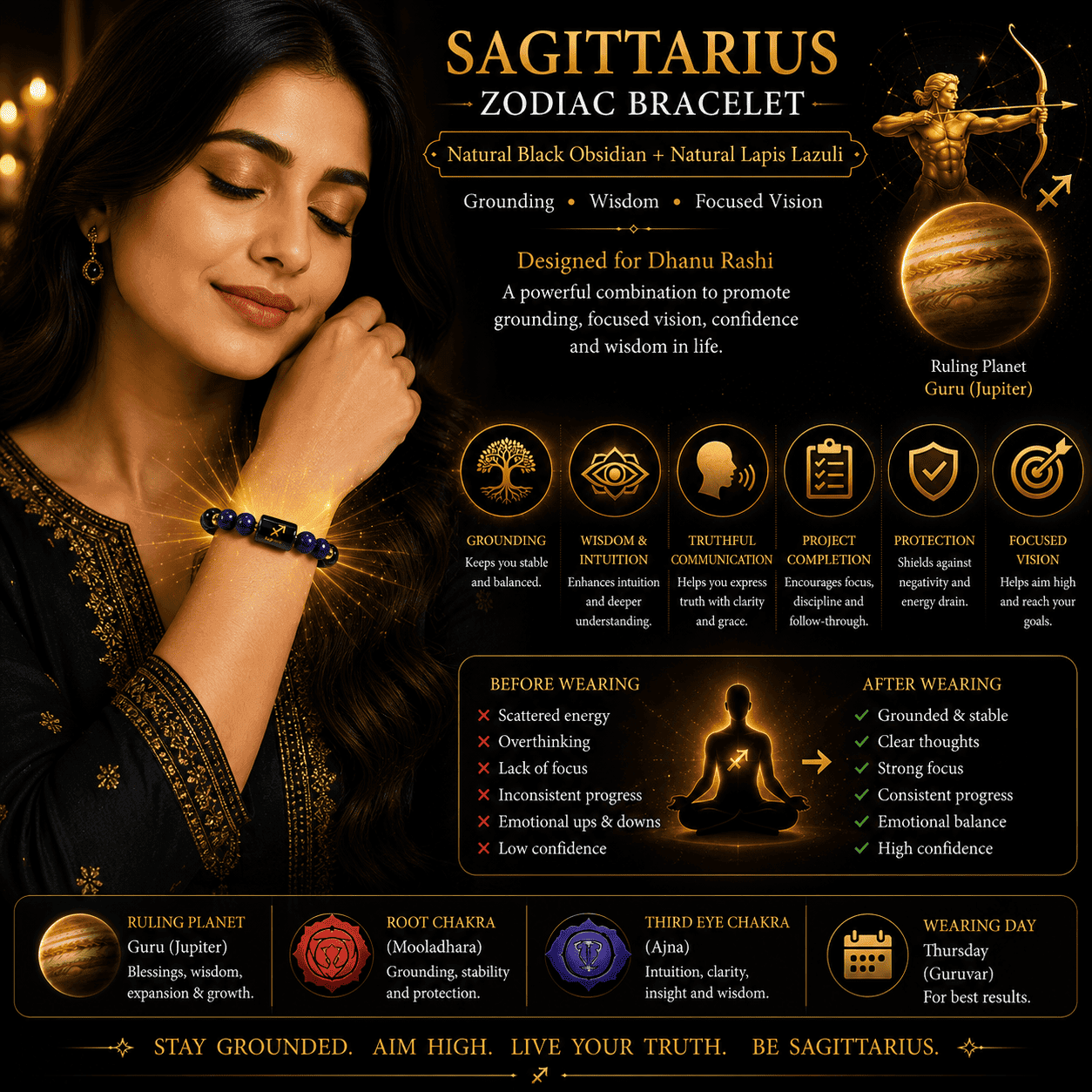 sagittarius-zodiac-bracelet-lifestyle-benefits Woman wearing Sagittarius Zodiac Bracelet showing grounding energy, confidence, wisdom, emotional balance and Jupiter-inspired spiritual benefits.