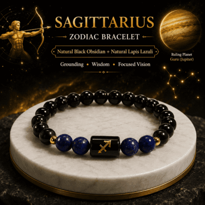 Premium Sagittarius Zodiac Bracelet made with Natural Black Obsidian and Lapis Lazuli gemstones for grounding, wisdom, focus and protection.