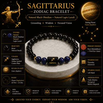 Sagittarius Zodiac Bracelet specifications featuring Black Obsidian, Lapis Lazuli, 8mm beads, Jupiter energy and Vedic mantra energised design.
