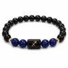 sagittarius-zodiac-bracelet-white-background Natural Black Obsidian and Lapis Lazuli Sagittarius Zodiac Bracelet with zodiac symbol on a clean white background for product listing and SEO.
