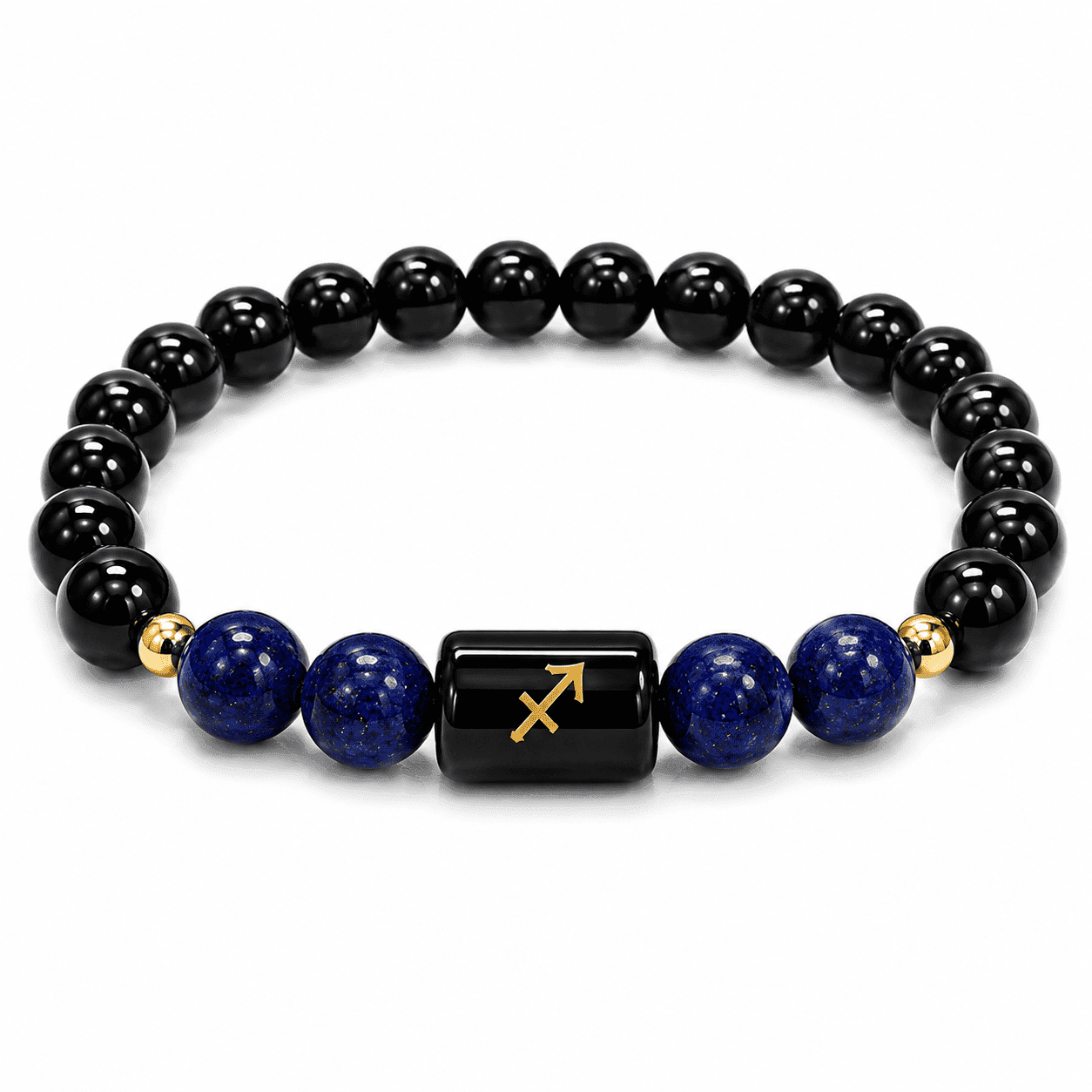 sagittarius-zodiac-bracelet-white-background Natural Black Obsidian and Lapis Lazuli Sagittarius Zodiac Bracelet with zodiac symbol on a clean white background for product listing and SEO.