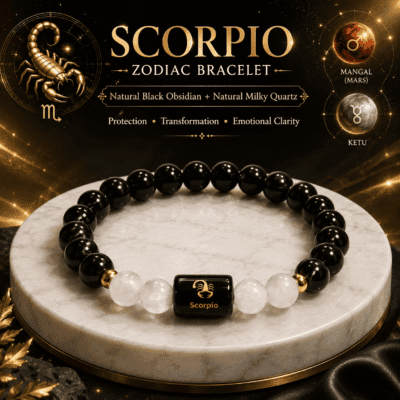 Scorpio (Vrishchika) Zodiac Bracelet with Natural Black Obsidian and Milky Quartz, Vedic energised gemstone bracelet for protection.