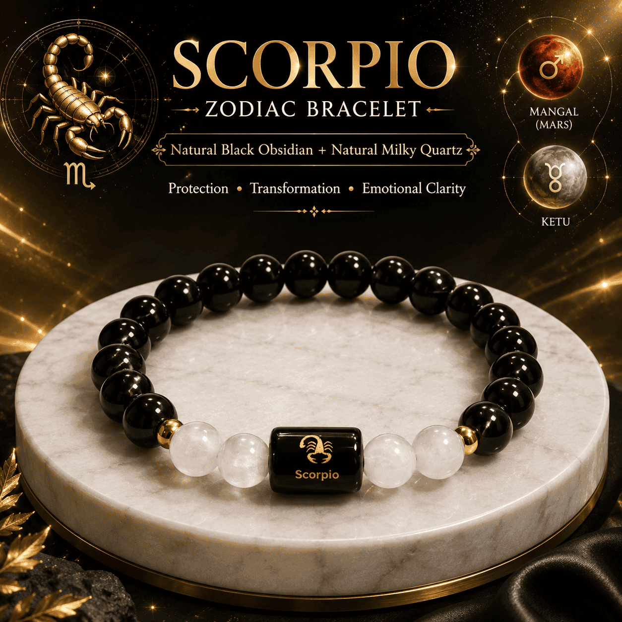 scorpio-vrishchika-zodiac-bracelet-natural-black-obsidian-milky-quartz Scorpio (Vrishchika) Zodiac Bracelet with Natural Black Obsidian and Milky Quartz, Vedic energised gemstone bracelet for protection.