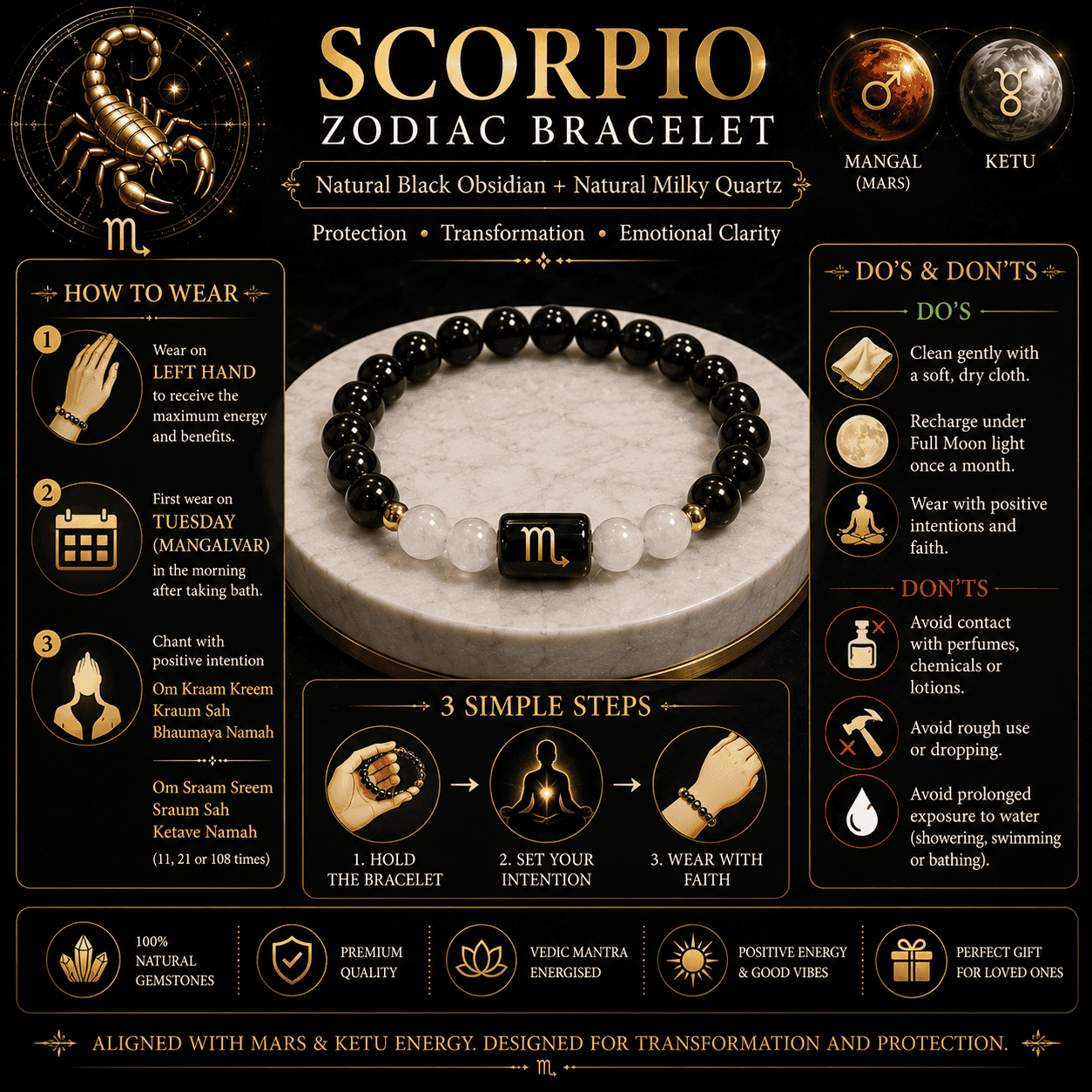 scorpio-zodiac-bracelet-how-to-wear-dos-donts-guide Scorpio Zodiac Bracelet specifications featuring Black Obsidian, Milky Quartz, Mars & Ketu energies, chakra details and wearing guide.