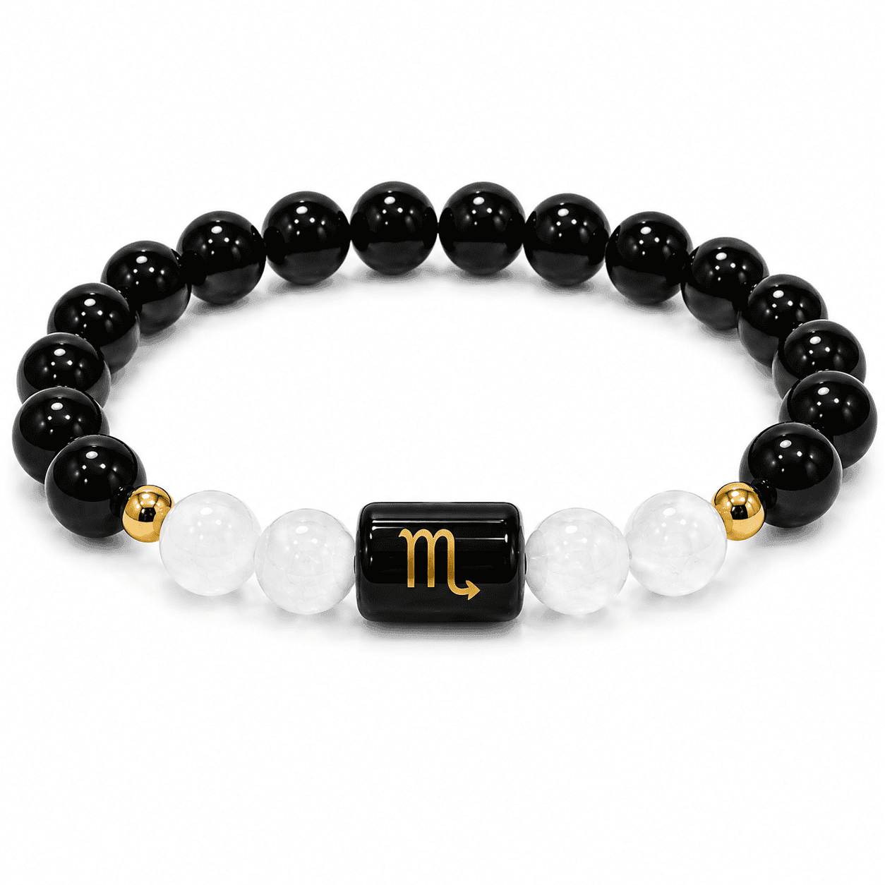 scorpio-zodiac-bracelet-white-background-product-image Scorpio Zodiac Bracelet on white background featuring Natural Black Obsidian, Milky Quartz and zodiac symbol centre bead for daily wear.