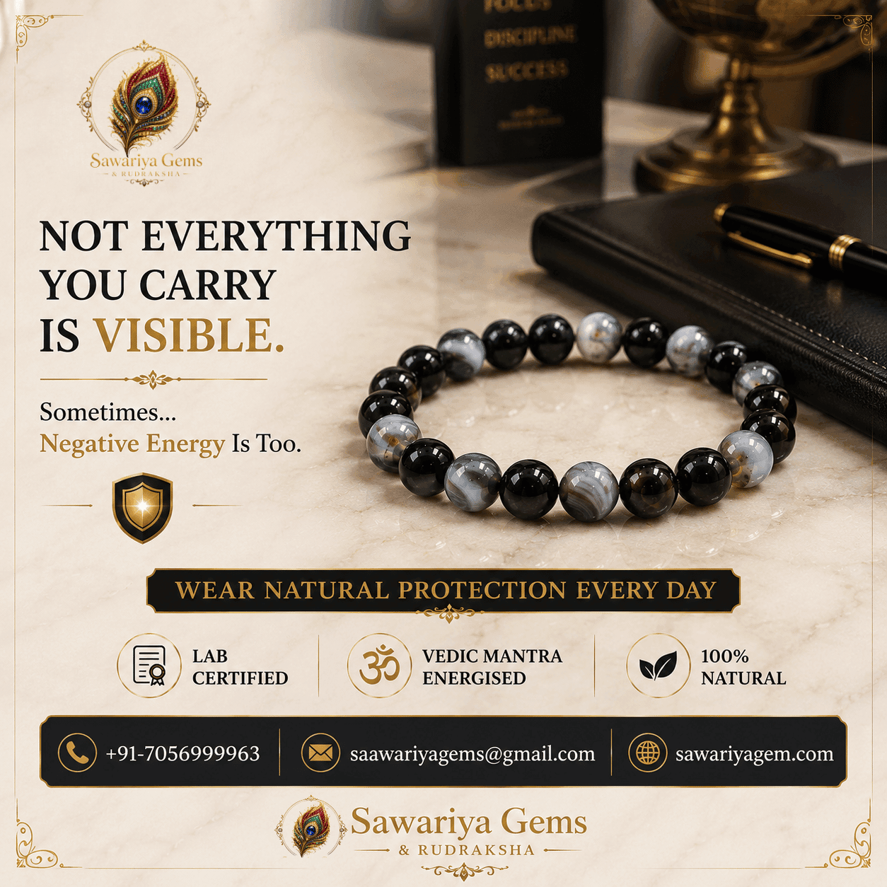 sulemani-hakik-bracelet-natural-protection-lifestyle Sulemani Hakik Bracelet lifestyle image highlighting natural protection, Vedic energised beads, lab certified quality and grounding energy