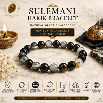 Sulemani Hakik Bracelet with 8mm natural beads, stretchable cord, lab certified, Vedic mantra energised and unisex design