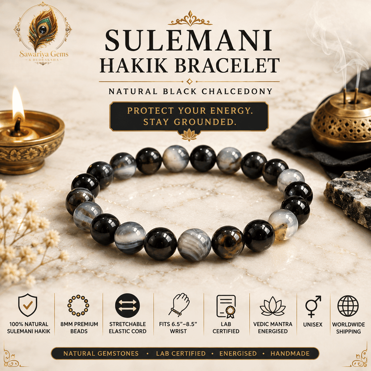 sulemani-hakik-bracelet-specifications-8mm Sulemani Hakik Bracelet with 8mm natural beads, stretchable cord, lab certified, Vedic mantra energised and unisex design