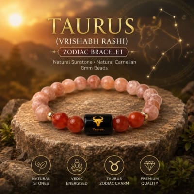 Premium Taurus (Vrishabh Rashi) Zodiac Bracelet with natural Sunstone and Carnelian 8mm beads for confidence, creativity, motivation and positive energy.