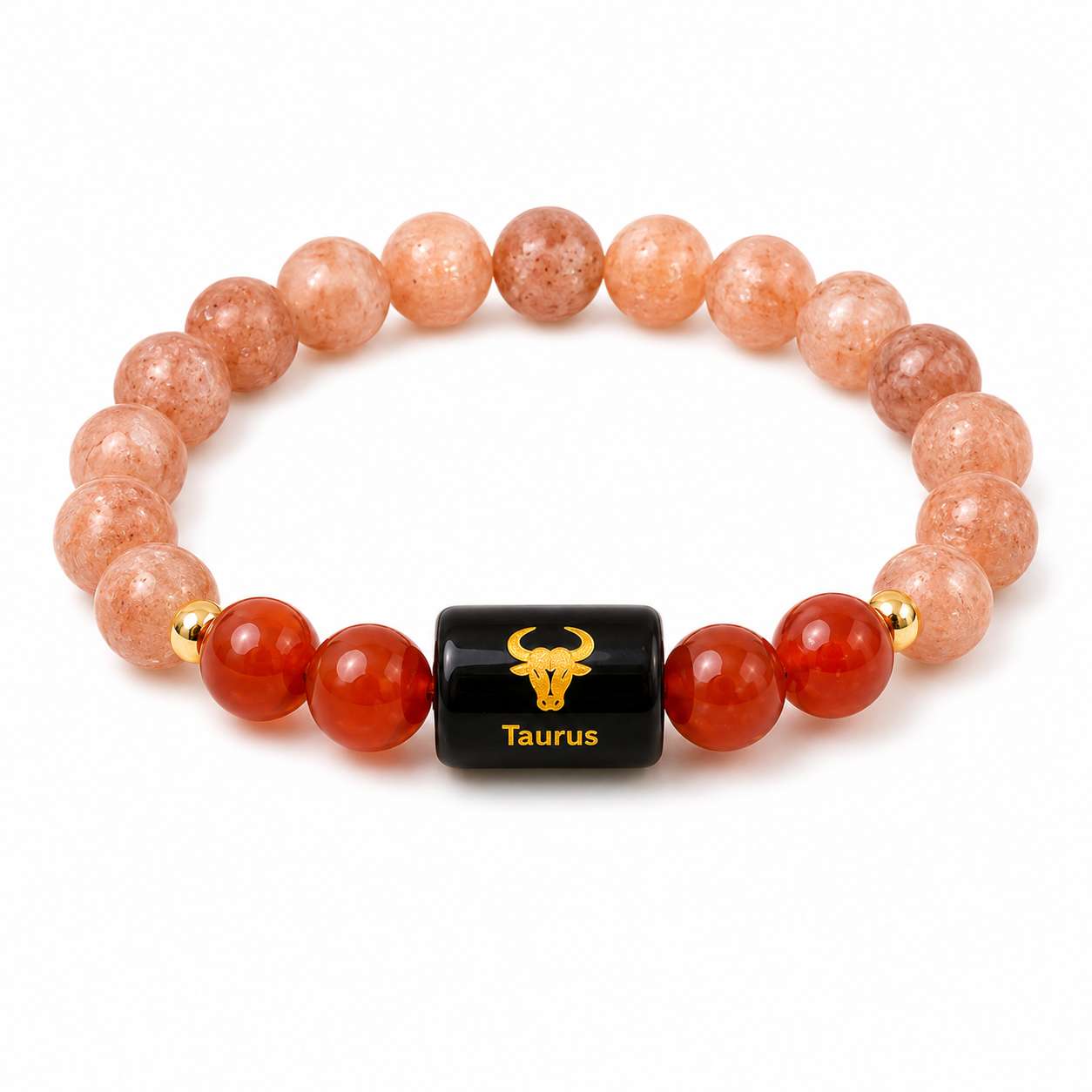 Taurus (Vrishabh Rashi) Zodiac Bracelet with natural Sunstone and Carnelian 8mm beads on white background for premium product photography.