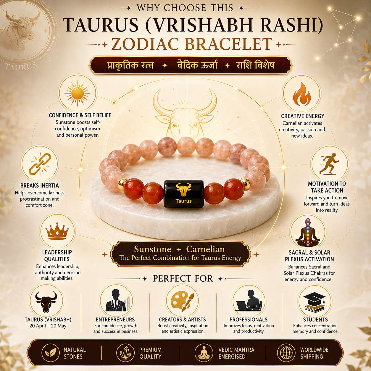 Benefits of Taurus (Vrishabh Rashi) Zodiac Bracelet with Sunstone and Carnelian for confidence, creativity, leadership, motivation and chakra activation.