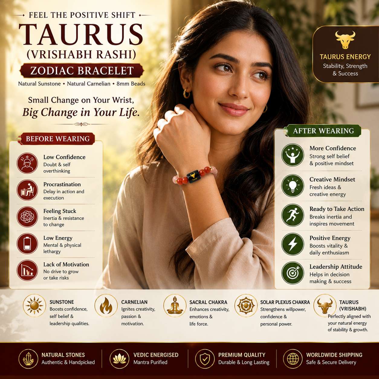 Woman wearing Taurus (Vrishabh Rashi) Zodiac Bracelet with natural Sunstone and Carnelian showing confidence, creativity, motivation and positive energy.