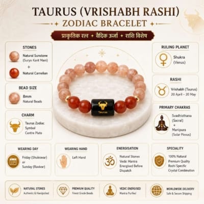 Product specifications of Taurus (Vrishabh Rashi) Zodiac Bracelet showing Sunstone, Carnelian, 8mm beads, Venus ruler, left hand wearing and chakras.