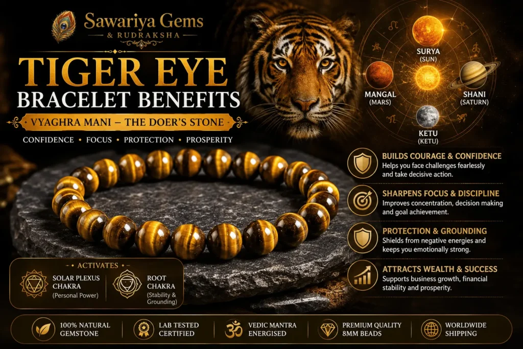 Tiger Eye (Vyaghra Mani) bracelet benefits for confidence, focus, protection, prosperity, Solar Plexus Chakra and Sun-Mars energy.